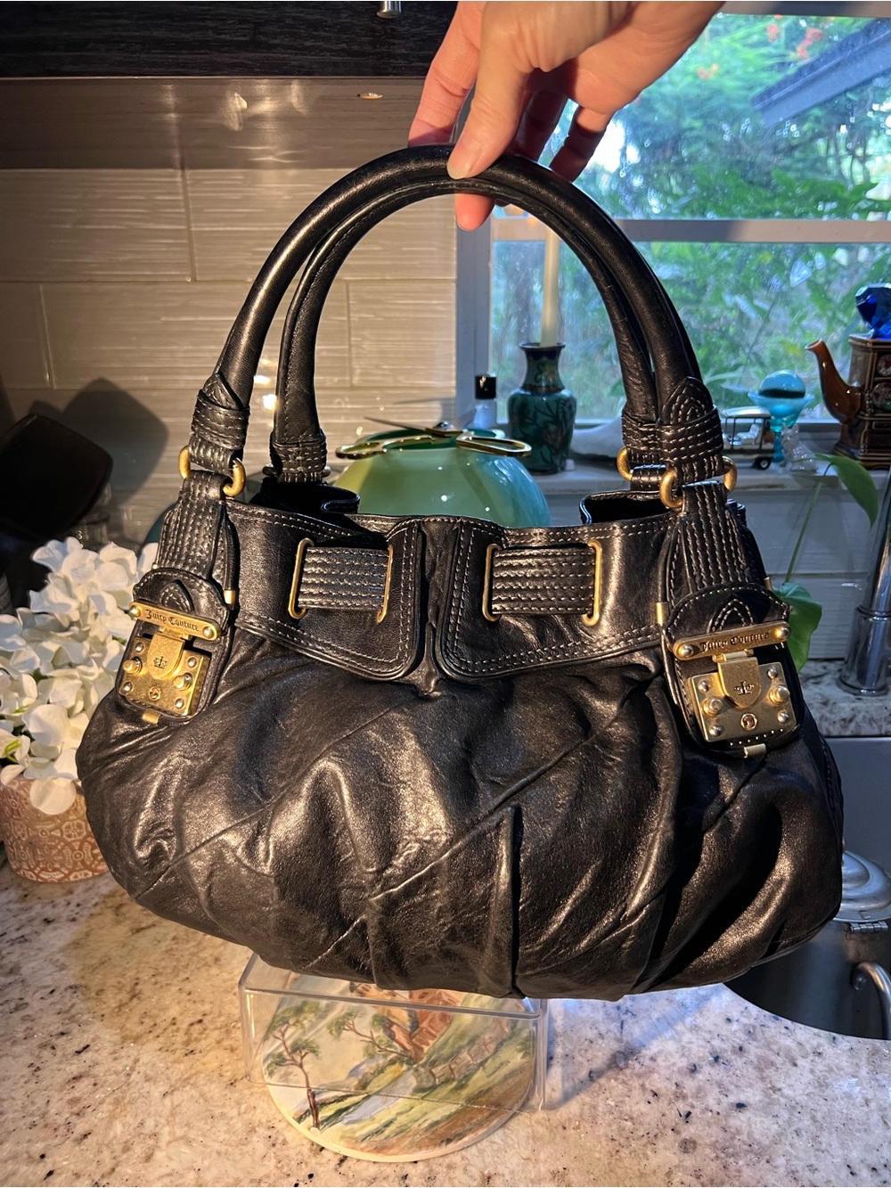 Juicy Couture Black Leather Shoulder Bag with Brass Hardware